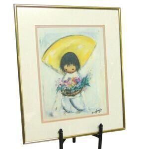Ted DeGrazia Art Print Framed Indian Flower Girl Boy Yellow Hat Southwestern Vtg